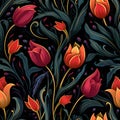 Seamless tulips black background. Leave. Intricate details by Generative AI