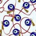 Seamless Turkish traditional amulet pattern, evil eye, blue eye symbol, ribbon, chain, tassel, ethnic background. - Illustration