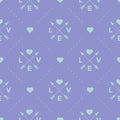 Seamless turquoise pattern with arrow, heart and word Love on a violet background. Vector illustration.