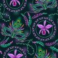 Seamless turquoise pattern with carnival masks, feathers, ribbons, orchid Royalty Free Stock Photo