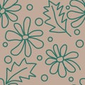 Seamless two-tone pattern of abstract flowers, leaves and circles for textiles.