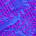 Seamless Ultraviolet Hawaiian tropical pattern with, palm leaves and flowers. Royalty Free Stock Photo