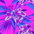 Seamless Ultraviolet Hawaiian tropical pattern with, palm leaves and flowers.