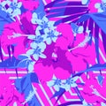 Seamless Ultraviolet Hawaiian tropical pattern with, palm leaves and flowers.