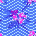 Seamless Ultraviolet Hawaiian tropical pattern with, palm leaves and flowers. Royalty Free Stock Photo