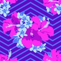 Seamless Ultraviolet Hawaiian tropical pattern with, palm leaves and flowers. Royalty Free Stock Photo