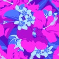 Seamless Ultraviolet Hawaiian tropical pattern with, palm leaves and flowers. Royalty Free Stock Photo