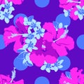 Seamless Ultraviolet Hawaiian tropical pattern with, palm leaves and flowers.