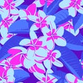 Seamless Ultraviolet Hawaiian tropical pattern with, palm leaves and flowers. Royalty Free Stock Photo