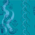 Seamless underwater pattern with cute octopus, jellyfish, whale, squid, star, steering wheel, anchor