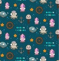 Seamless underwater pattern with cute octopus, jellyfish, whale, squid, star, steering wheel, anchor