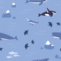 Seamless underwater pattern. Sea and ocean fishes, animals on endless background. Kids repeating under water print