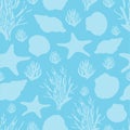 Seamless underwater pattern with starfish, seashell, coral silhouette