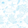 Seamless underwater sea ocean turtle plants pattern