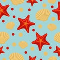 Seamless underwater sea pattern with starfish and shell. Abstract repeat background, colorful vector illustration can be used as