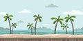Seamless unending background for arcade game. Sandy beach with palm trees and clouds in the blue sky. Vector Royalty Free Stock Photo