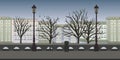 Seamless unending background for game or animation. European city street with buildings, trees and lampposts. Vector Royalty Free Stock Photo