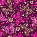 Seamless valentine purple pattern with lace pink and golden butterflies