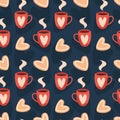 Seamless valentines day pattern with hot drink and cakes