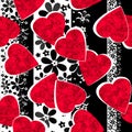 Seamless Valentines Day red hearts striped lined black white pattern