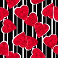 Seamless Valentines Day red hearts white black striped lined pattern