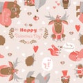 Seamless Valentines pattern with fun animals, hearts and flowers