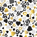 Seamless valentines pattern with golden and black glittering hearts and keys. Gold Seamless pattern. Repeatable valentines day