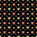 Seamless valentines pattern with golden glittering hearts on black background. Repeatable valentines day design. Can be used for