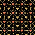 Seamless valentines pattern with golden glittering hearts and keys on black background. Repeatable valentines day design. Can be