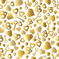 Seamless valentines pattern with golden glittering hearts and keys. Gold Seamless pattern. Repeatable valentines day design. Can