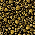 Seamless valentines pattern with golden glittering hearts and keys. Gold Seamless pattern. Repeatable valentines day design. Can