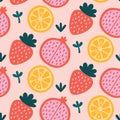 Seamless vector abstract floral pattern with fruits and berries, pomegranates, strawberry, lemon, leaves for fashion