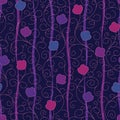 Seamless vector abstract floral pattern with small flowers and embroidery in blue, pink, purple colors on wave background. Endless