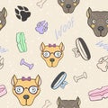 Seamless vector abstract pattern with bulldog dog boy and girl, Bone, collar, bowl forage