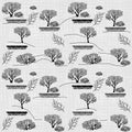 Seamless vector abstract pattern. Design set for landscape design, park with black linear bushes, trees, petals, leaves