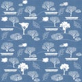 Seamless vector abstract pattern. Design set for a landscape project, a park with white bushes, trees, petals, leaves on