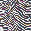 Seamless vector abstract pattern featuring a zebra print design with black and white stripes accented by pink, blue