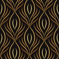 Seamless vector abstract pattern with floral motif in monochrome gold-brown colors on black background. Endless print in retro