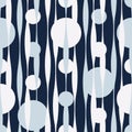 Seamless vector abstract pattern with wavy lines and polka dot backdrop in blue and white colors on dark background. Endless