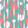 Seamless vector abstract pattern with wavy lines and polka dot backdrop in pastel pink and white colors on blue background.