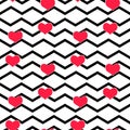 Seamless vector with abstract red hearts texture on black and white zigzag stripes