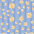 Seamless vector with abstract shell gold texture on blue and white stripes. Golden vintage background