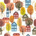 Seamless vector autumn city pattern with watercolor trees and houses.