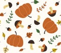 Seamless vector autumn pattern: pumpkin, acorns, forest mushrooms and autumn leaves. Elements for design. Royalty Free Stock Photo