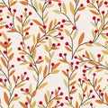 Seamless vector autumn pattern with red and orange berries and leaves. Fall colorful floral background. Elegant floral