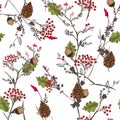 Seamless vector autumn pattern with red and orange berries and l