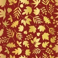 Seamless vector background autumn leaves gold foil. Foliage nature fall leaf elements repeating pattern. Metallic golden Royalty Free Stock Photo