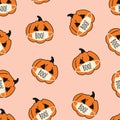 Seamless Vector Background Corona Halloween Pumpkin. Pumpkins wearing face masks repeating pattern pink. Covid 19 virus Royalty Free Stock Photo