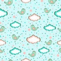 Seamless vector background of cute birds on sky in the clouds.