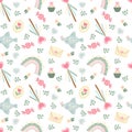 Seamless vector background. Cute pictures of rainbows, hearts, birds, magic wand, candies and branches.